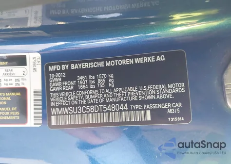 2013 Mini Cooper Cooper из США, поврежденный, VIN WMWSU3C58DT548044